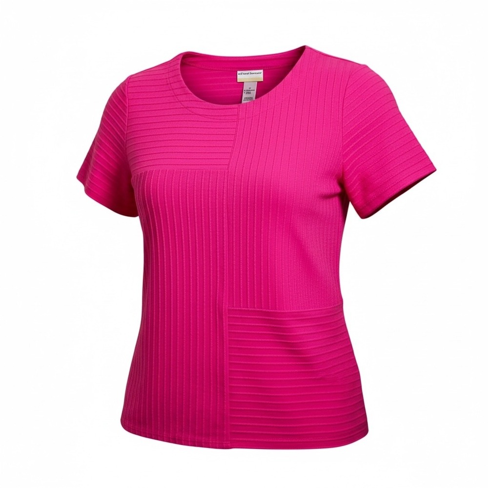 Alfred Dunner Woman 2X Fuchsia Pink Textured Ribbed Short Sleeve Knit Top Button